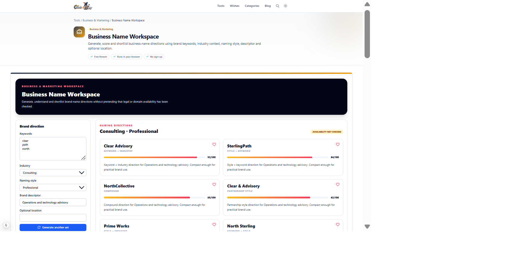Business Name Workspace showing brand inputs and scored professional consulting name directions