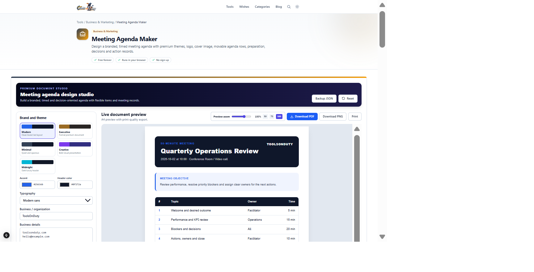 Meeting Agenda Maker showing brand controls beside a timed quarterly operations agenda preview