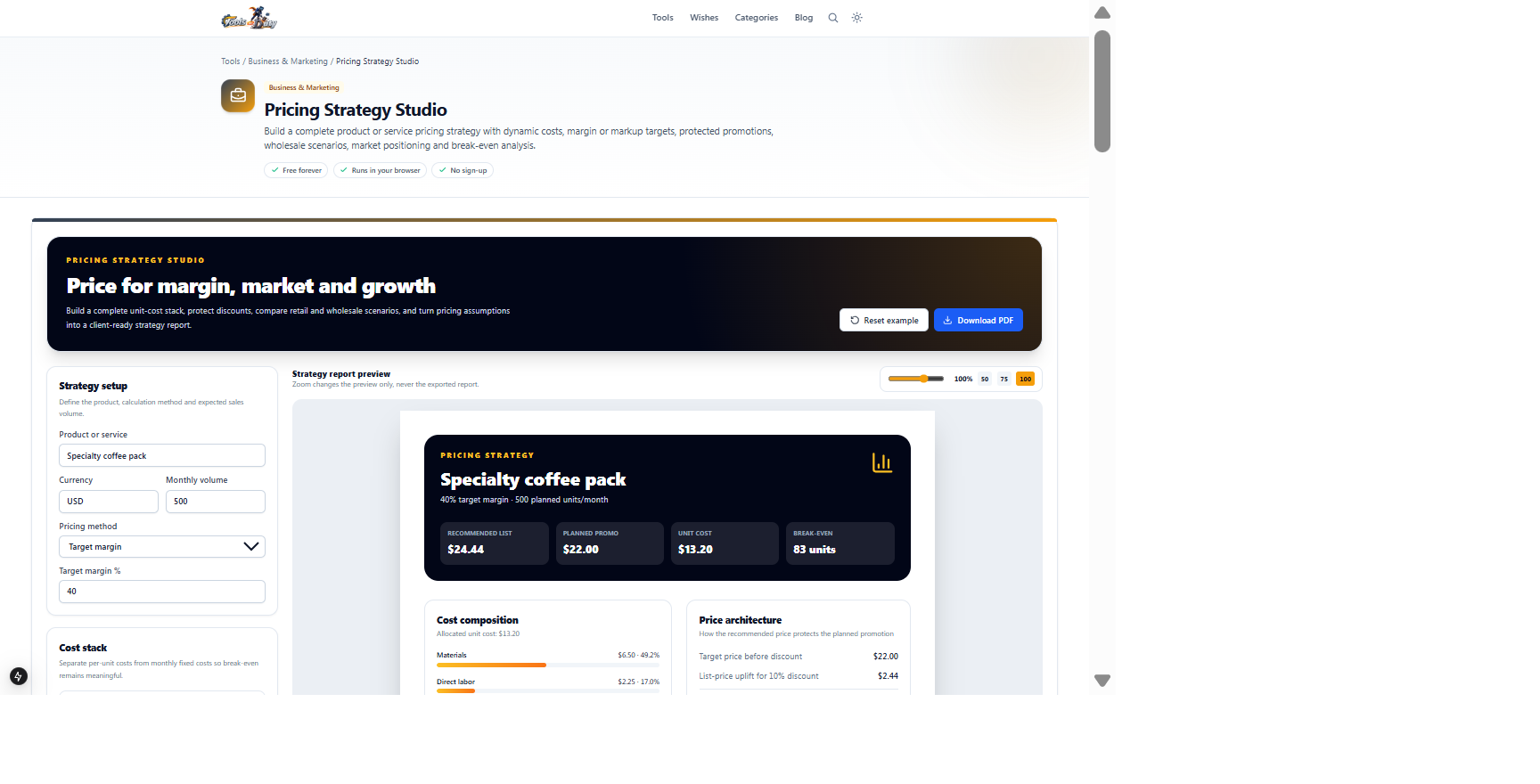 Pricing Strategy Studio showing cost inputs and a visual strategy report for a specialty coffee pack