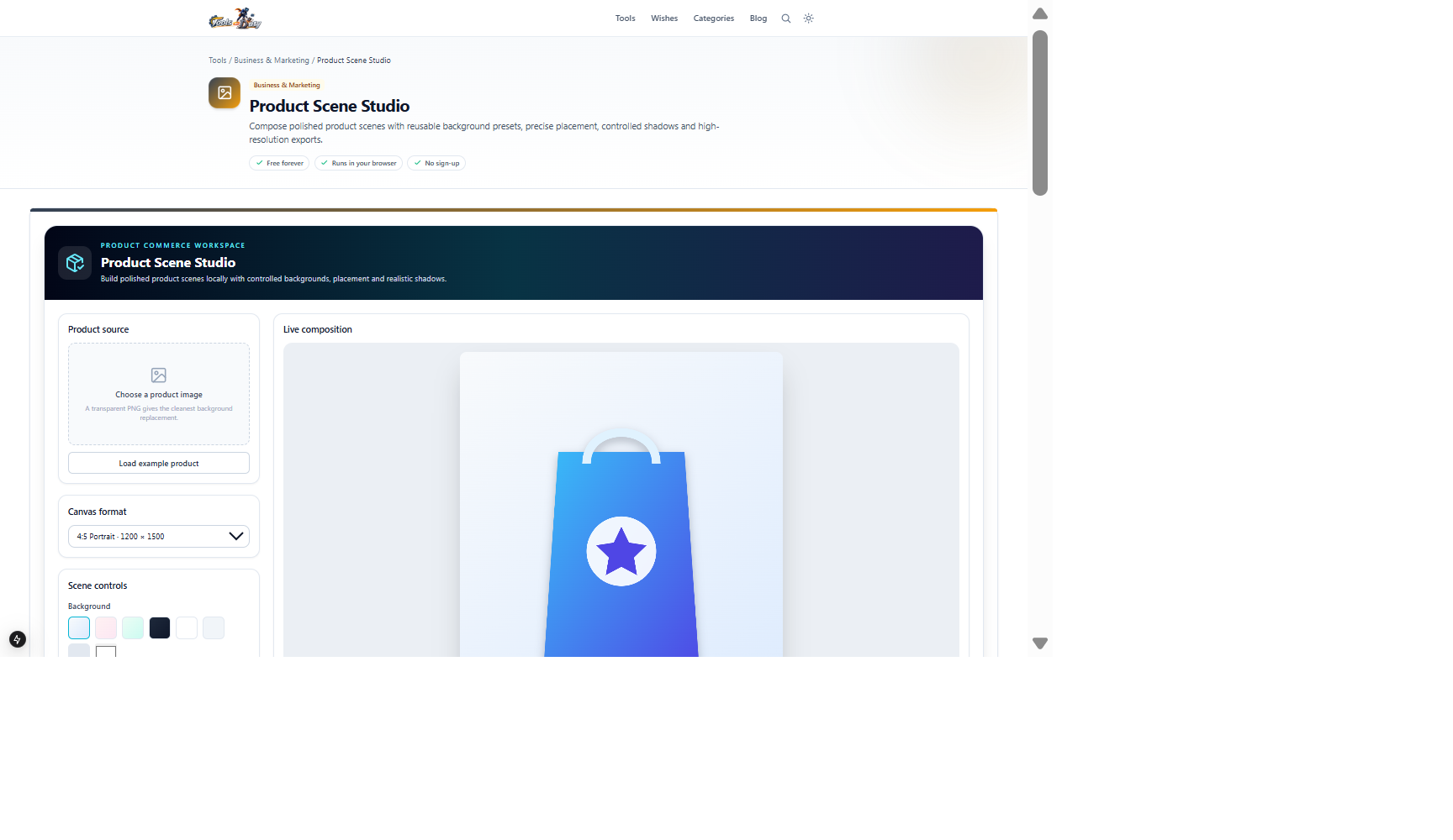 Product Scene Studio example showing a blue product bag on a soft Cloud background with composition controls