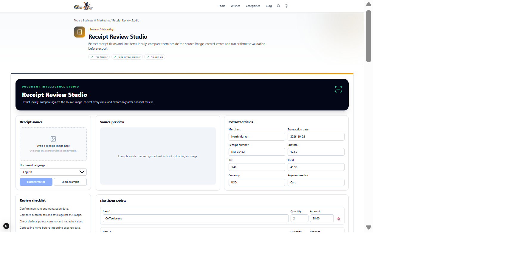 Receipt Review Studio example showing editable merchant, date, totals and line items beside the source-review area