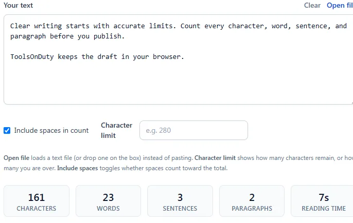 Text analysis showing character, word, sentence, paragraph, and reading-time totals