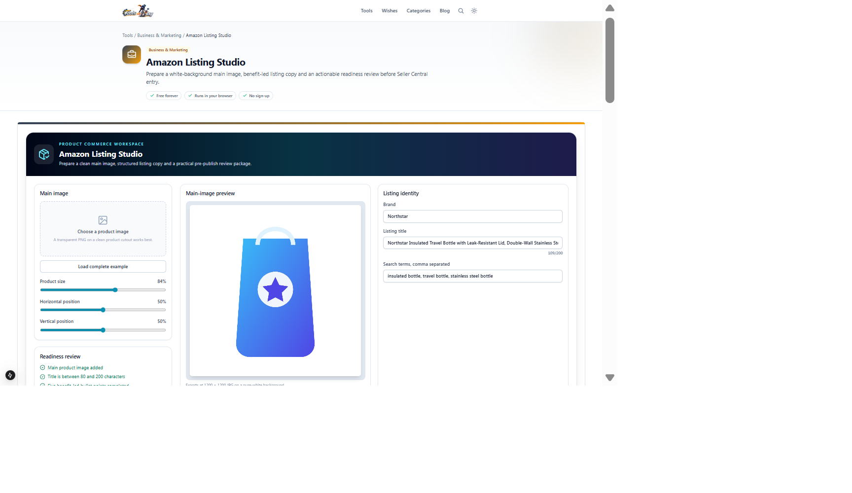 Amazon Listing Studio example with white-background product image, listing identity fields and readiness checks