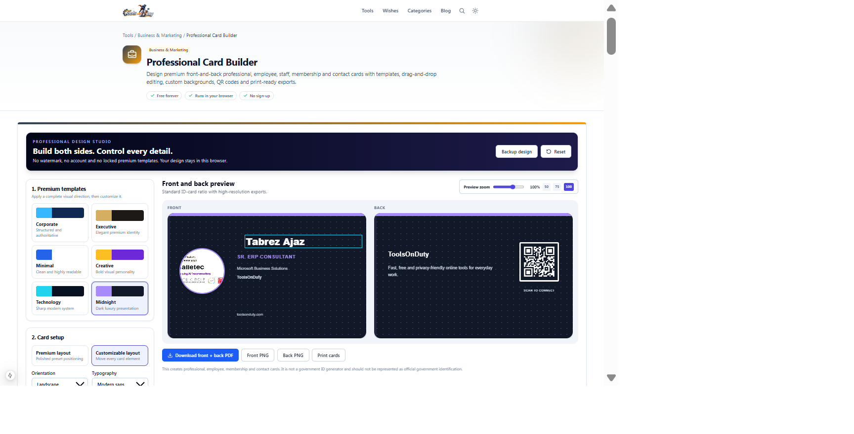 Professional Card Builder showing coordinated front and back Midnight card previews, premium templates and export controls